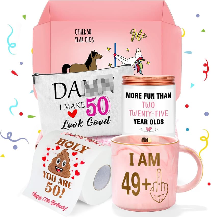 50th Birthday Gifts for Her Funny Happy 50th Birthday Decorations for Women 50 Year Old Gifts for Woman 50 and Fabulous Gift for Woman Sister Mom Best Friend Wife - Coffee Mug Makeup Bag Toilet Paper