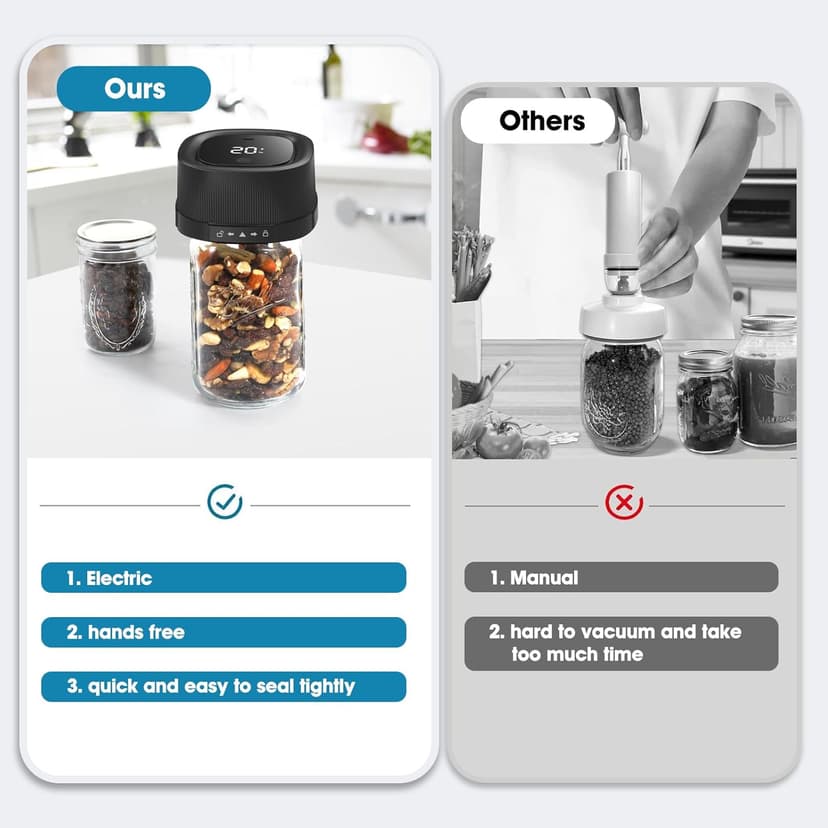 ZIWEO Mason Jar Vacuum Sealer Kit for Wide Mouth and Regular Mouth Mason Jars, Electric Vacuum Sealer with Suction Nozzle, 10 Lids and 1 Vacuum Bag, Compact and Auto Stop Design