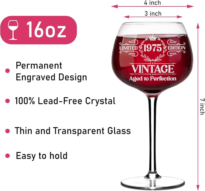 Vintage 1975 Engraved Wine Glass - 50th Birthday Gifts For Her - Cool Gifts For 50 Year Old Woman - 1975 Birthday Present - Fifty Women Gift Ideas - Turning 50 Cup for Wife, Sister, Daughter, Ladies