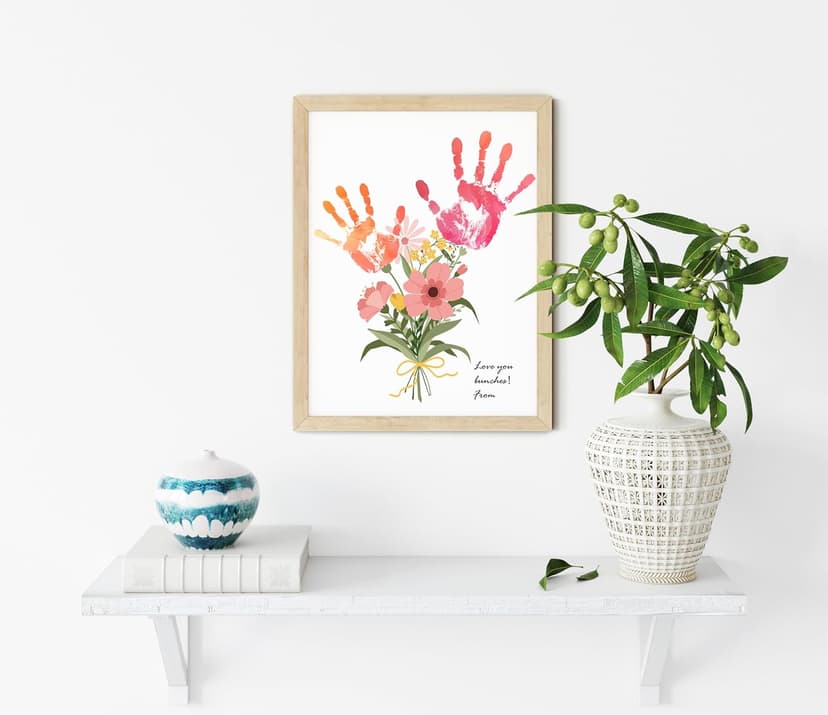 TwoDays Flower Bouquet Handprint Art Craft DIY Kit, Unique Gifts for Mom from Daughter or Son for Mother's Day Birthday Christmas, Gift for Grandma.(12" X 16", with Wood Frame)
