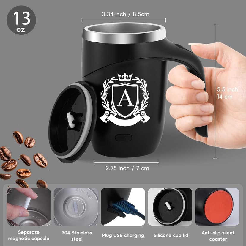 Initial Magnetic Stirring Coffee Mug Stainless Travel Cup Adult Men Guy Him Brother Dad Boyfriend Uncle Niece Best Friendship Grandpa Grandfather Husband Son Law Happy Birthday Cool Meaningful Gifts,J