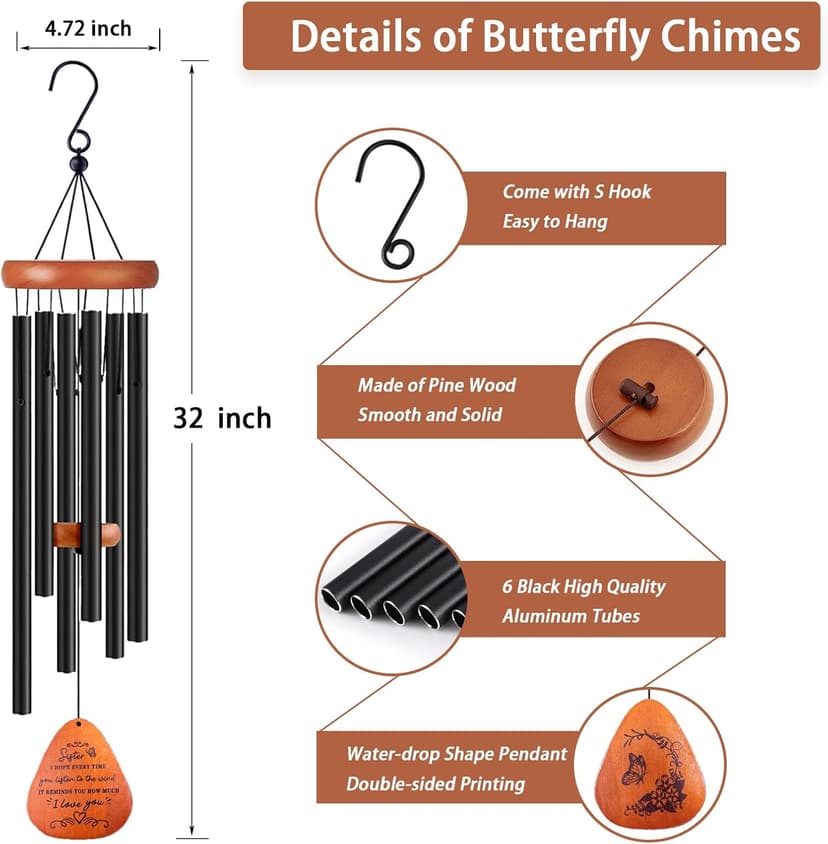 Sister Gifts, Sister Birthday Gift, 32" Sister Butterfly Wind Chimes, Sisters Gifts from Sister for Christmas Mothers Day