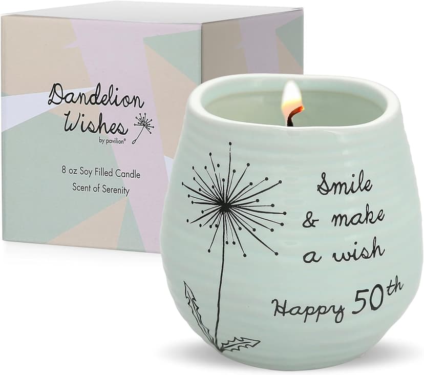 Pavilion Gift Company - 8 Oz Candle Holder - Green Ceramic Candle Jar with 100% Soy Wax Candle Serenity Scent "Smile And Make A Wish, Happy 50th" Ideal Gift for Loved Ones - Printed Text, Love Theme