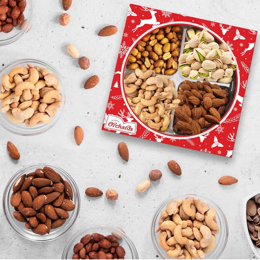Christmas Nuts Gift Basket for Holiday Season, Premium Mixed Nut Assortment Gift Gourmet Snack Food Present Box, Christmas Gift Basket for Family (4 Sectional)