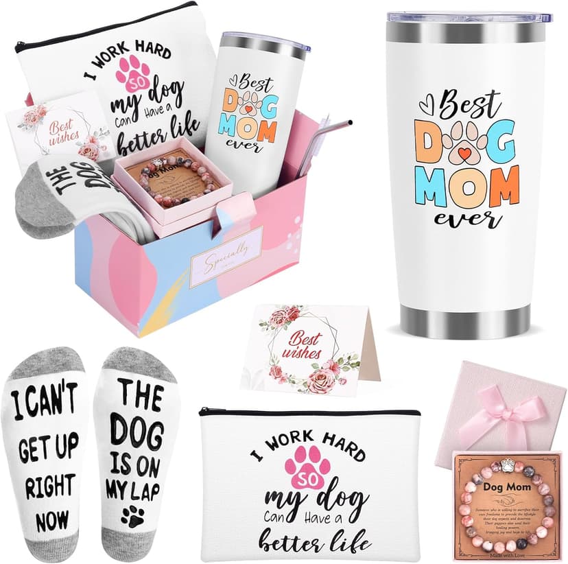 Dog Mom Dog Lover Gifts for Women, 20oz Wine Tumbler Set with Makeup Bag & Natural Stone Paw Bracelets & Socks for Women - Perfect for Birthdays, Mothers Day & Christmas