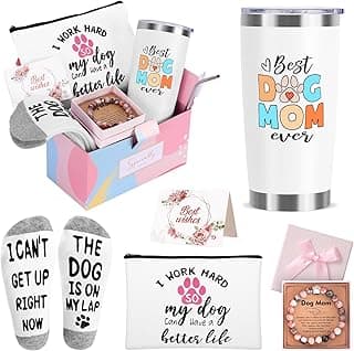 Dog Mom Dog Lover Gifts for Women, 20oz Wine Tumbler Set with Makeup Bag & Natural Stone Paw Bracelets & Socks for Women - Perfect for Birthdays, Mothers Day & Christmas