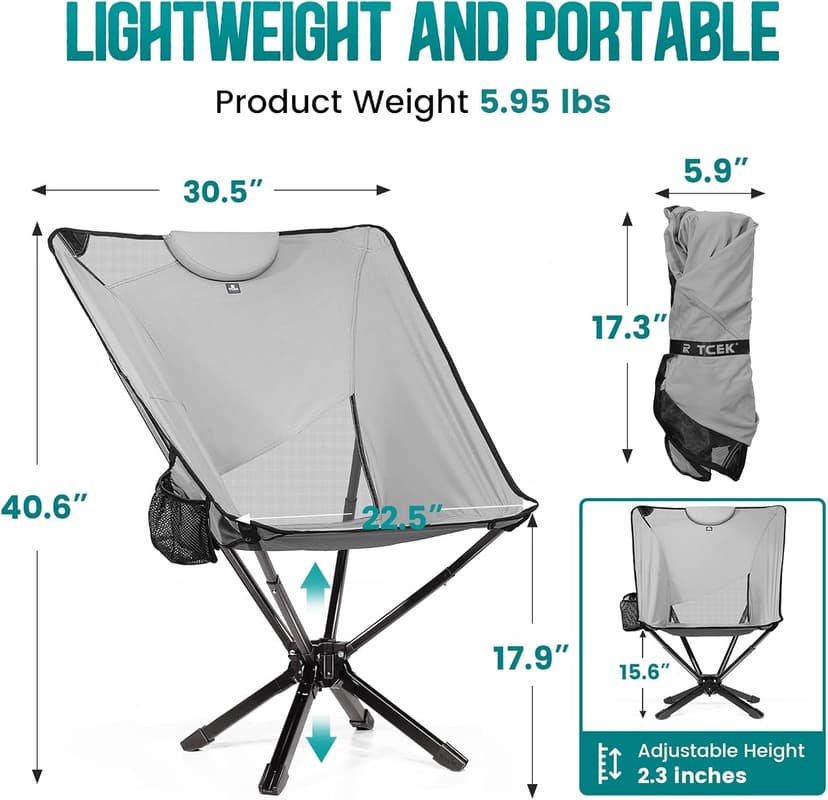 TCEK TCEK Portable High Back Camping Chair with Adjustable Height, Small Compact Outdoor Folding Chair for Adults Travel, Riselite Collapsible Lightweight Packable Camp Chairs, Easy Carry and Quick Setup