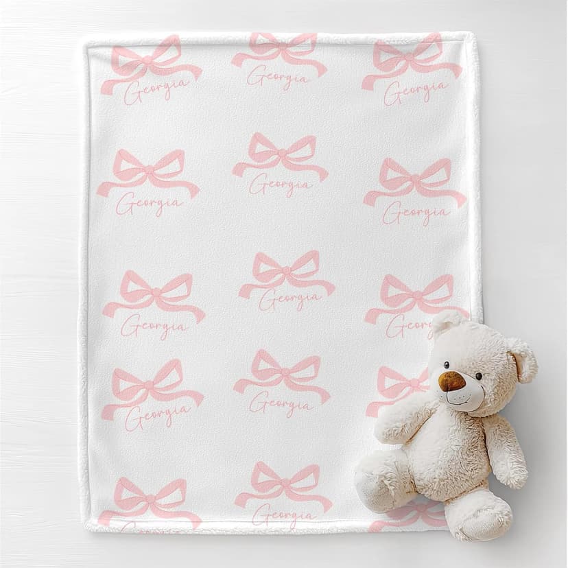 Personalized Baby Blanket with Bow – Custom Name Blanket for Newborn Girl, Soft Coral Fleece Blanket with Custom Bow & Text Color, Keepsake Nursery Blanket
