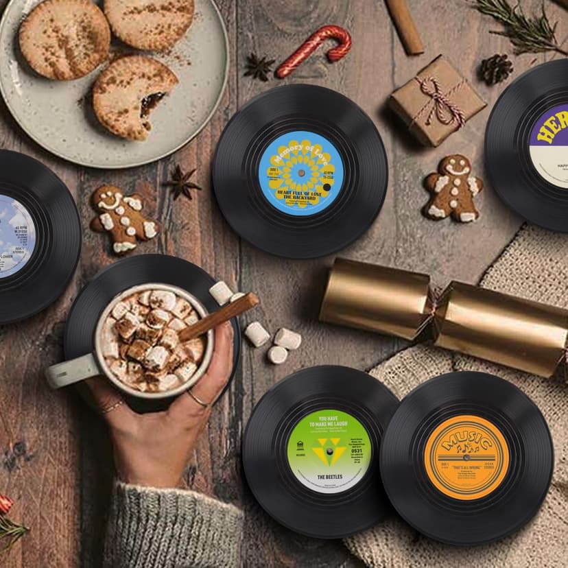 Funny Retro Record Coasters for Drinks with Vinyl Player Holder for Music Lovers,Set of 6 Conversation Piece Sayings Drink Coaster,Housewarming Hostess Wedding Registry Gift Ideas