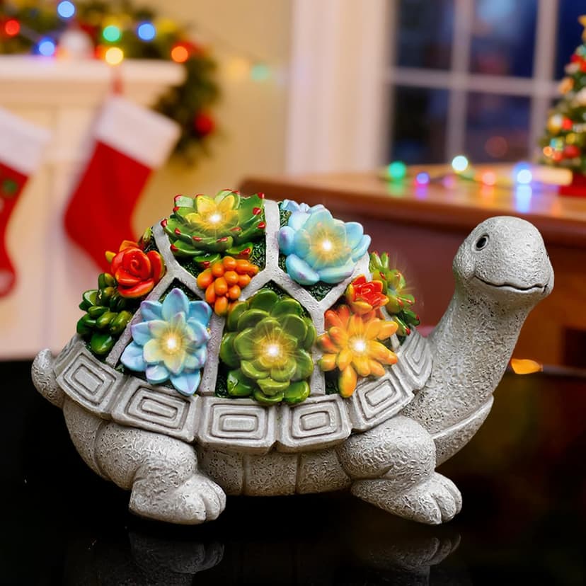 Nacome Solar Garden Outdoor Statues Turtle with Succulent and 7 LED Lights - Lawn Decor Tortoise Statue for Patio, Balcony, Yard Ornament - Unique Housewarming Gifts