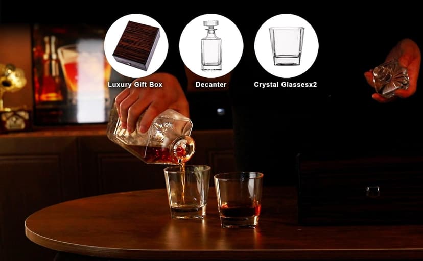Premium Wood Gift Box w/Decanter Set - 2 Rock Glasses, Crystal Decanter, Bourbon, Whiskey, Gifts for Men, Dad, Father’s Day, Birthday, Weddings, Groomsman, Gift Ideas