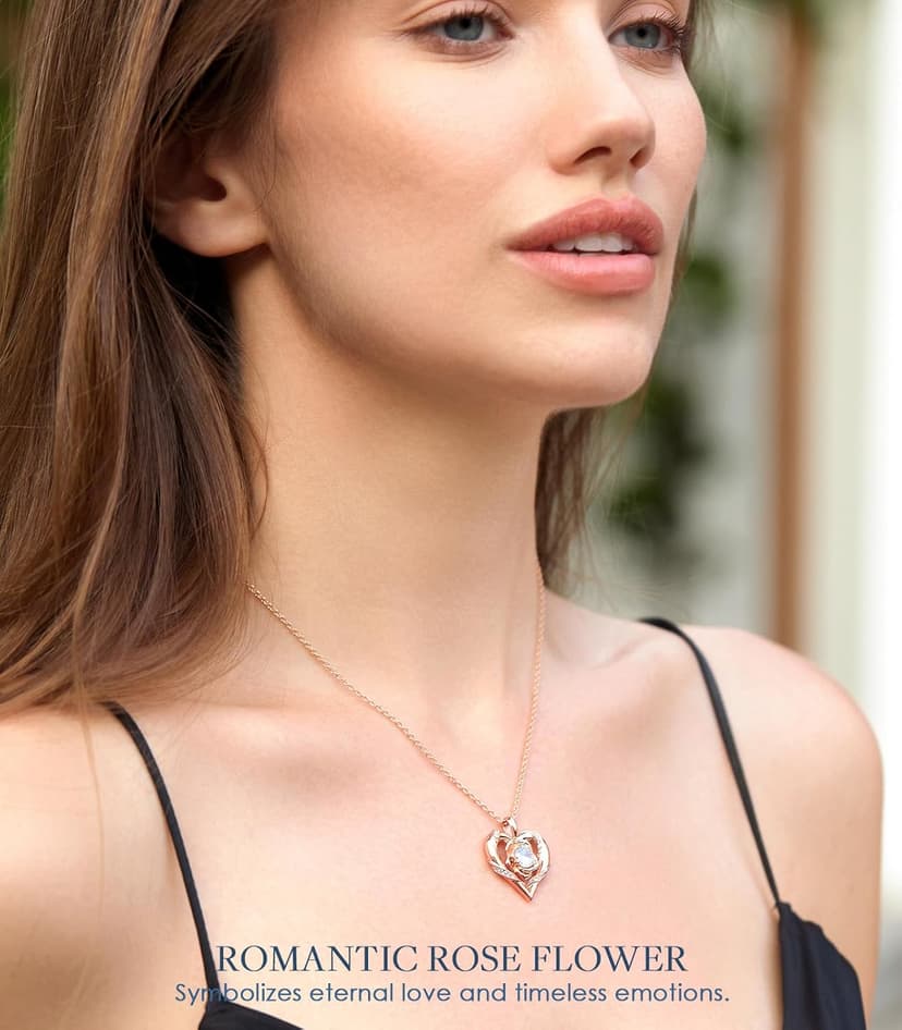 Rose Flower Heart Moissanite Necklaces for Wife, S925 Silver Pendant for Women, 18K Gold Plated Jewelry for Her Girlfriend Mom for Anniversary Birthday
