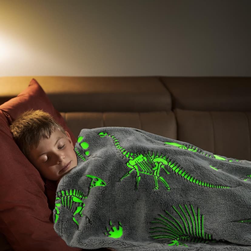 Glow in The Dark Blanket Dinosaur Throw Blanket for Boys Kids Soft Warm Cozy Cute Dino Blanket Unique Dinosaurs Toys Gifts Gray Glowing Dinosaur Room Decor Blankets for Girls Teens 50"x60"