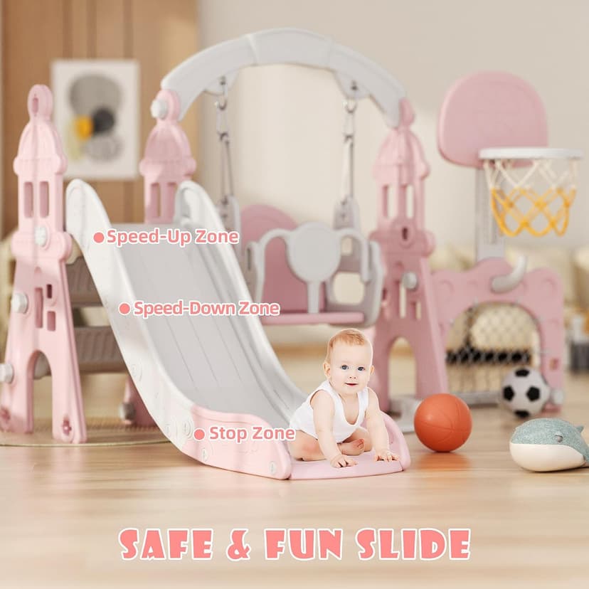 XJD 6-in-1 Toddler Slide and Swing Set, Kids Slide for Toddlers Age 1+, Toddler Outdoor Playset with Basketball Hoop, Football Frame, Swing, Outdoor Indoor Playground for Toddlers 1-3 (Pink)
