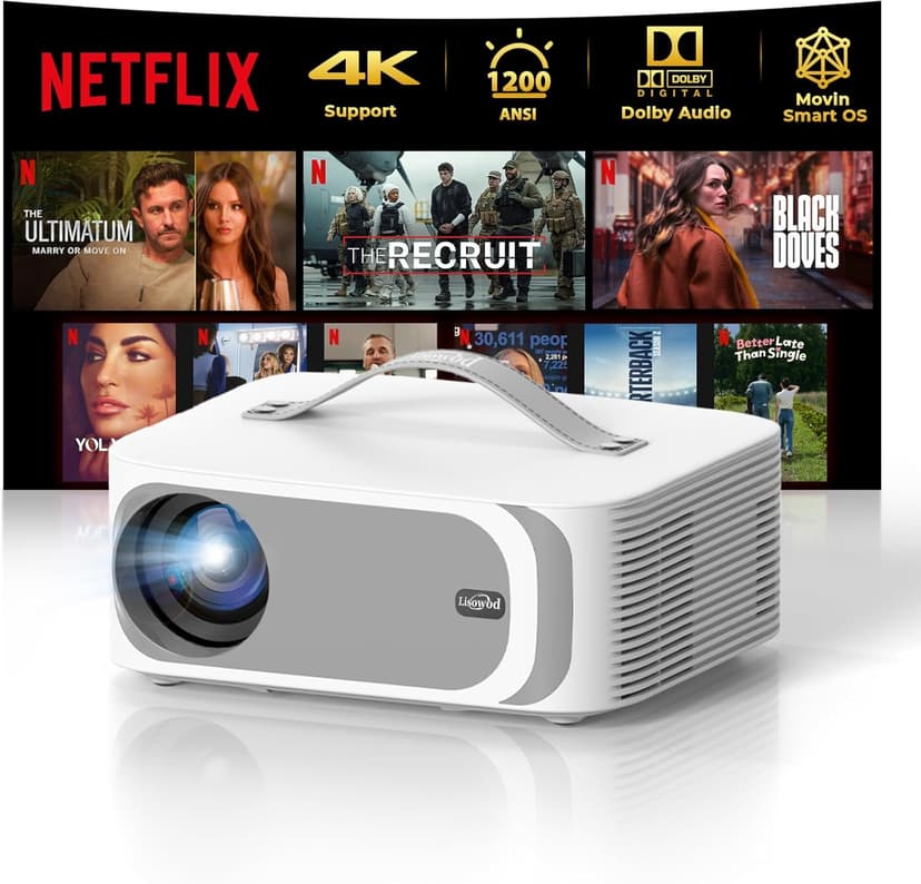 [AI Movin 2.0 System/1200 ANSI/Auto Focus] Projector-4K with WiFi 6 and Bluetooth, 30W DoIby Audio APPS Built-in Outdoor-Projector, Lisowod 1080P Smart Portable Proyector with HDR10+ 2025 Upgraded