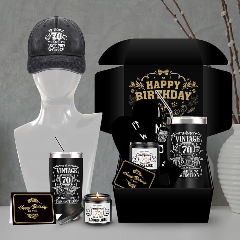 70th Birthday Gifts for Men - Unique Box with 20 Oz Tumbler, Scented Candle, Socks, Baseball Cap for Husband, Dad, Grandpa, Friends, Teachers, Boss