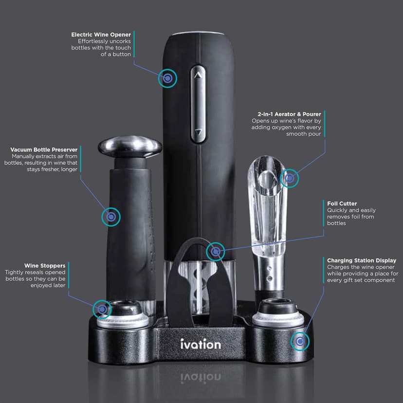 Ivation Wine Gift Set – Includes Electric Opener, Aerator, Vacuum Preserver, 2 Stoppers, Foil Cutter & Charging Base
