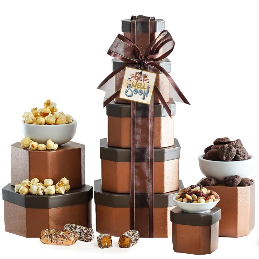 Get Well Basket Tower – Care Package with Gourmet Snacks for Women & Men, After Surgery Gifts, Thinking of You Treats, Feel Better Soon Gift Box by Broadway Basketeers