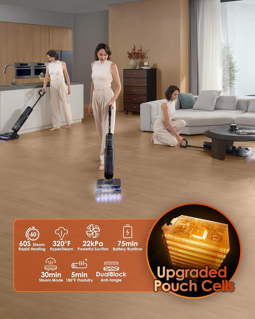 Tineco Floor One S7 Stretch Steam Cordless Wet Dry Vacuum Steam Mop All-in-One, 320℉ HyperSteam, 180° Lay-Flat, Anti-Tangle Design, FlashDry Self-Cleaning, Up to 75 Min Runtime
