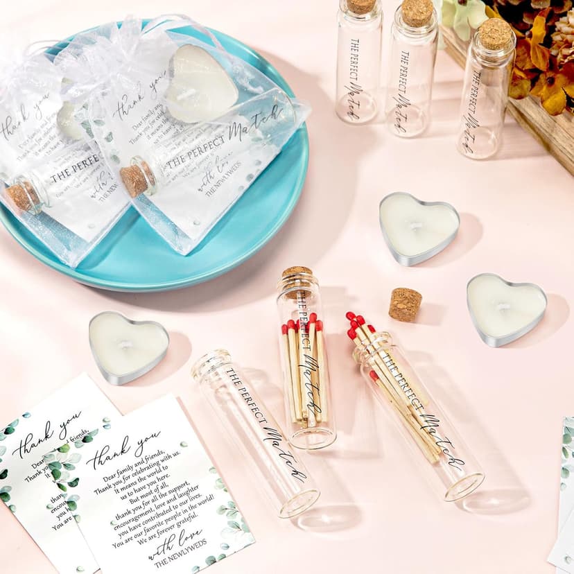 50 Sets Wedding Party Favors for Guests Bulk Including Mini Heart Shaped Candles and Empty Matches Jars with Cork Top Thank You Cards and Organza Bags for Wedding Bridal Shower Party Souvenir