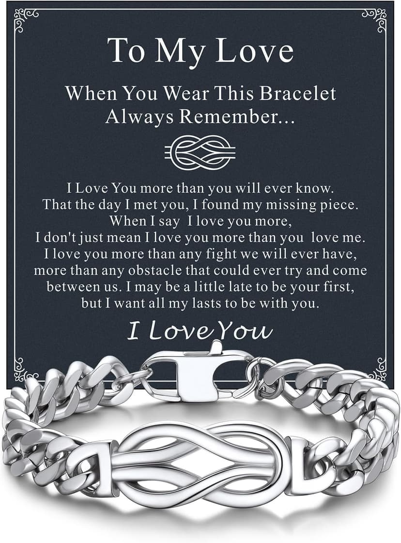 Bandmax Inifinity Love Knot Cuban Link Chain Bracelets for Men Stainless Steel/Black Mens Bracelet with Love Message Card Gift for Son Grandson Husband Father