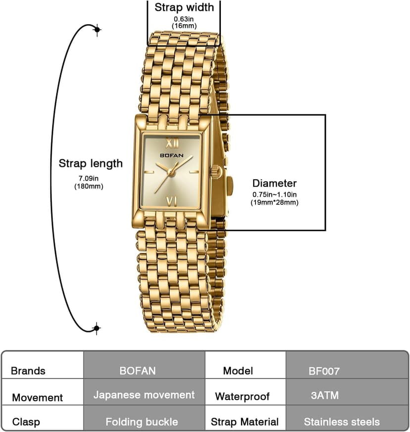 BOFAN Gold Watches for Women Luxury Ladies Quartz Wrist Watch with Stainless Steel Bracelet,Waterproof,Casual Fashion Square Dial.Band Adjustment Tool Included