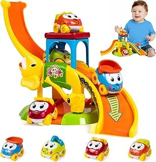 Marstone Toddler Toys for 1 2 Year Old Boys and Girls Gifts: Educational Elephant Slide with 4 Animal Cars Toys for Baby 12-18 Months, First Birthday Present Learning Push Truck Track Ages 1-2