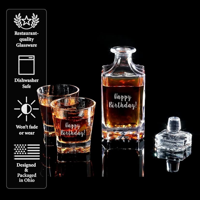 Personalized Whiskey Decanter, Custom Liquor Decanter 25oz, Engraved Whiskey Glass Set With Wood Gift Box Options, Whiskey Gifts for Men, Dad, Birthday, Retirement, Wedding (Square Decanter)