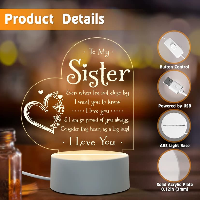 Afterprints Sister Gifts - to My Sister Night Light, Sister Birthday Gifts, Sisters Gifts from Sister Brother on Graduation, Wedding, Christmas, Engraved Night Lamp