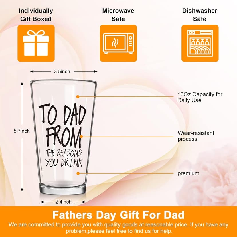 Gifts for Dad,16 OZ Funny Beer Glass Stocking Stuffers for Men,Fathers Day Dad Gifts from Daughter Son Wife,Birthday Anniversary Retirement Valentines Day Presents for Him Husband