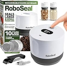 RoboSeal Rechargeable Mason Jar Vacuum Sealer for Mason Jars Wide & Regular Mouth, One Touch Operation, 10 Jar Lids and Jar Opener Included, Digital Battery Indicator, Preserves Foods 5x Longer