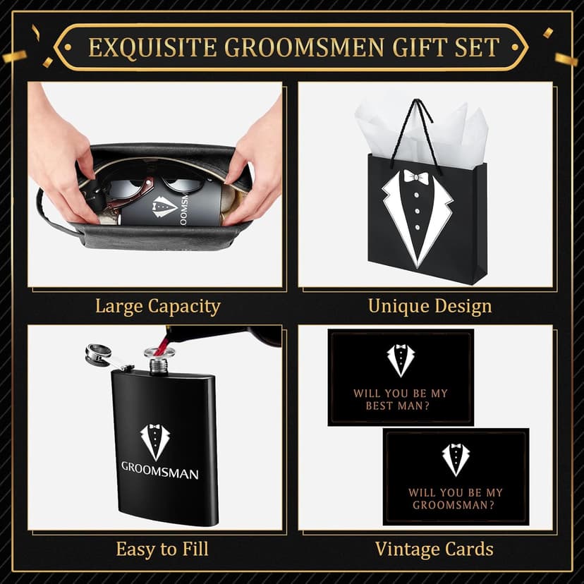 70Pcs Groomsmen Gifts Groomsmen Proposal Box with Flasks Sunglasses PU Leather Toiletry Bag Bottle Opener for Wedding Groomsman Best Man Gift (Black)