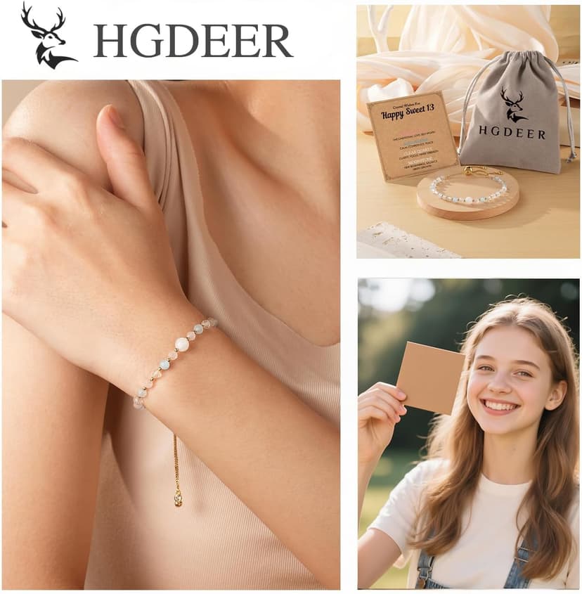 HGDEER Natural Crystal Bracelet 13th 16th Birthday Gifts for Girls - Rose Quartz Moonstone Aquamarine Healing Stones Jewelry with Meaning Card for Daughter Granddaughter