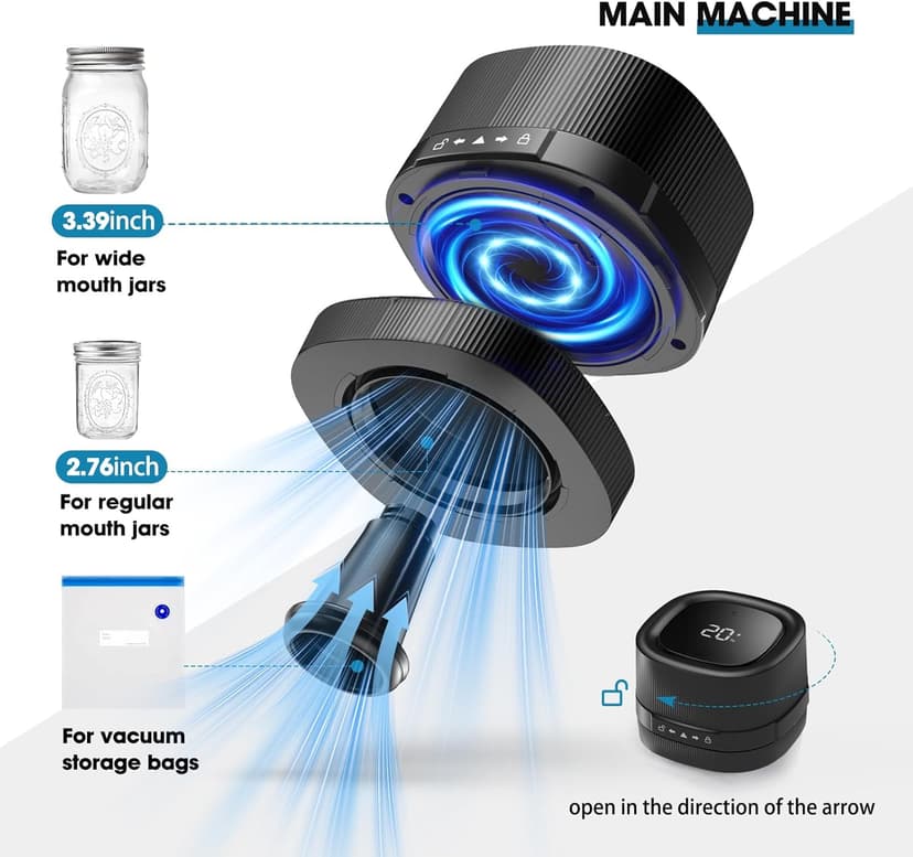 ZIWEO Mason Jar Vacuum Sealer Kit for Wide Mouth and Regular Mouth Mason Jars, Electric Vacuum Sealer with Suction Nozzle, 10 Lids and 1 Vacuum Bag, Compact and Auto Stop Design