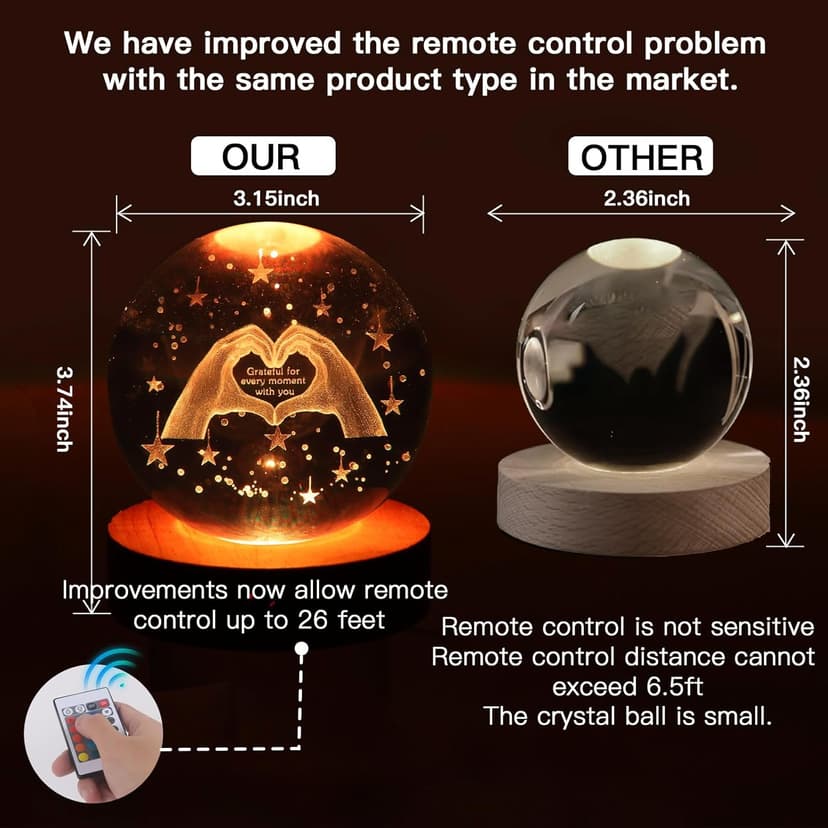 3D Crystal Ball Night Light, 16 Colors 4 Modes, Remotely Controlled, Night Light Room Decor, Funny Anniversary Christmas Gifts for Women, Girlfriends, Wives, Daughters