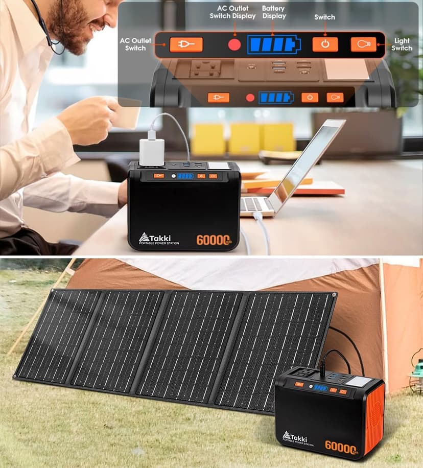 Takki Solar Generator 250W Portable Power Station with 40W Solar Panels 222Wh Pure Sine Wave Camping Lithium Battery Power Bank with AC 110V Outlet for Camping Home Use Emergency Outdoor