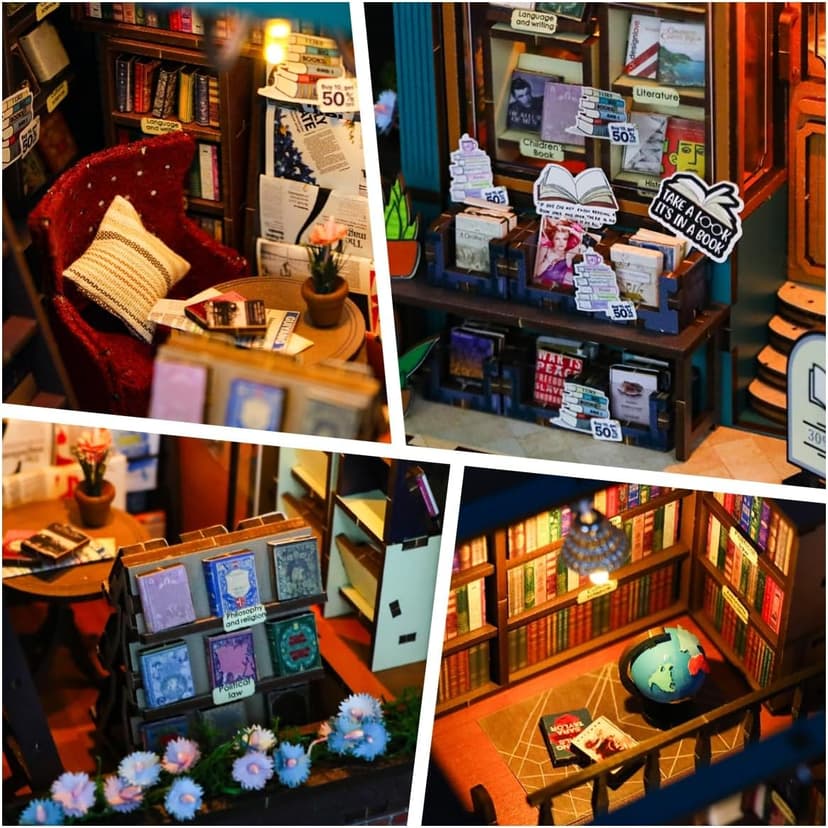 DIY Book Nook Kit with Music Box, Wooden 3D Puzzle Dollhouse with LED, Miniature House Kit Bookends for Adult and Teen, Bookshelf Decor, Creative Gift for Friends and Family. Soul Bookstore