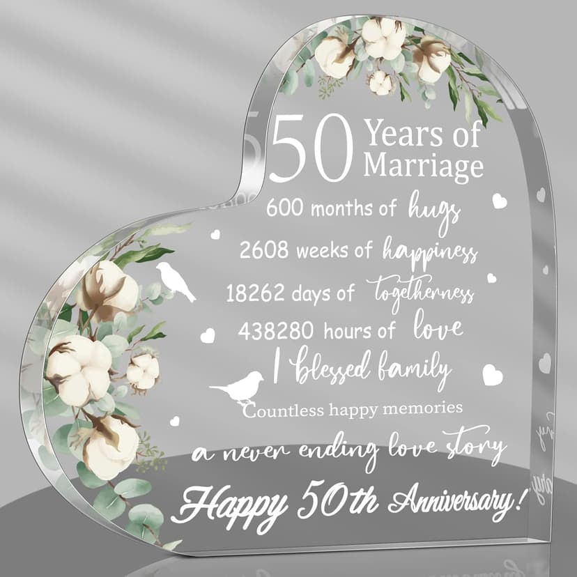 Yulejo Wedding Gift for Her: 50th Anniversary Keepsake Acrylic Heart Decor (White, 15.1 x 15.1 x 1.4 cm / 5.9 x 5.9 x 0.55 inches)
