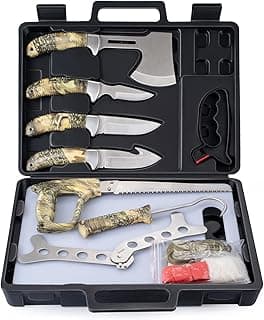 GVDV Hunting Knife Set - 14 Pieces, Portable Butcher Game Processing Kit for Men, Field Dressing Kit with Gut Hook Skinner Knife, Caping knife, Axe, Wood/Bone Saw, Spreader, Gloves, Gifts for Men