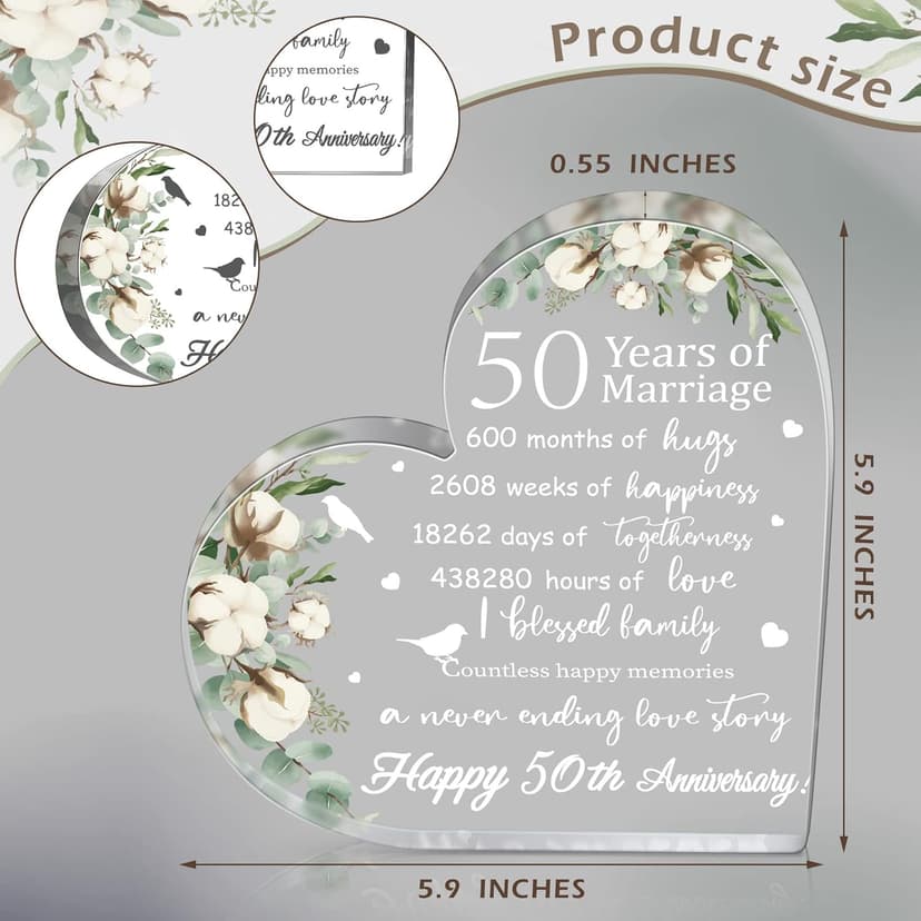 Yulejo Wedding Gift for Her: 50th Anniversary Keepsake Acrylic Heart Decor (White, 15.1 x 15.1 x 1.4 cm / 5.9 x 5.9 x 0.55 inches)