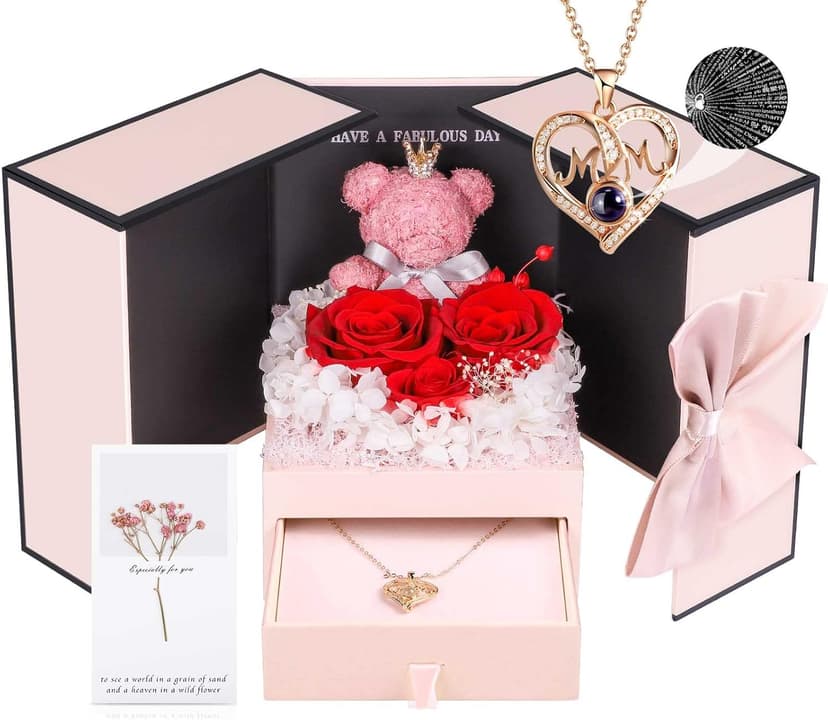 ADDWel Birthday Gifts for Mom from Daughter and Son, Unique Mother Birthday Gift Idea, Preserved Real Roses with I Love You in 100 Languages Mom Necklace, Cool Present to Mother Mama