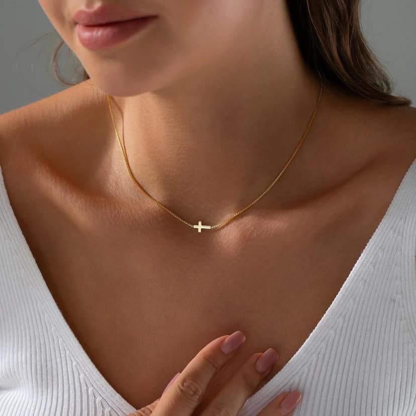 Cross Necklace for Women 14K Gold Silver Plated Dainty Small Cross Pendant Choker Simple Trendy Cute Cross Charm Chain Necklace Easter Basket Stuffers Baptism Religious Faith Jewelry Gift