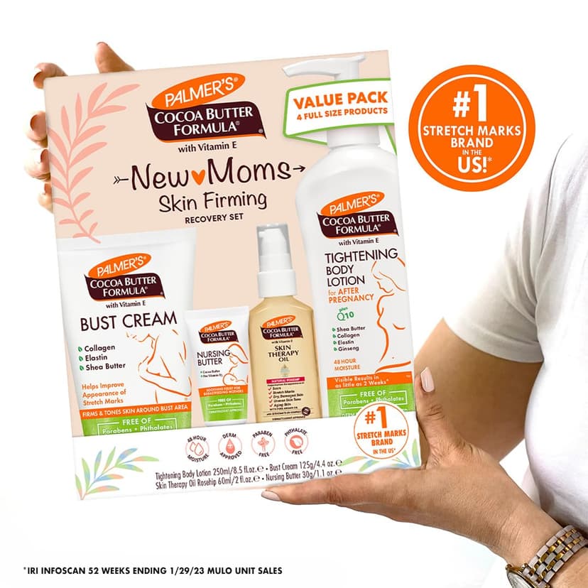 Palmer's Cocoa Butter Formula New Moms Skin Recovery Postpartum Essentials, Body Lotion (8.5 oz) + Nursing Butter (1.1 oz) + Bust Cream (4.4 oz) + Skin Therapy Oil (2 oz), Dermatologist Approved