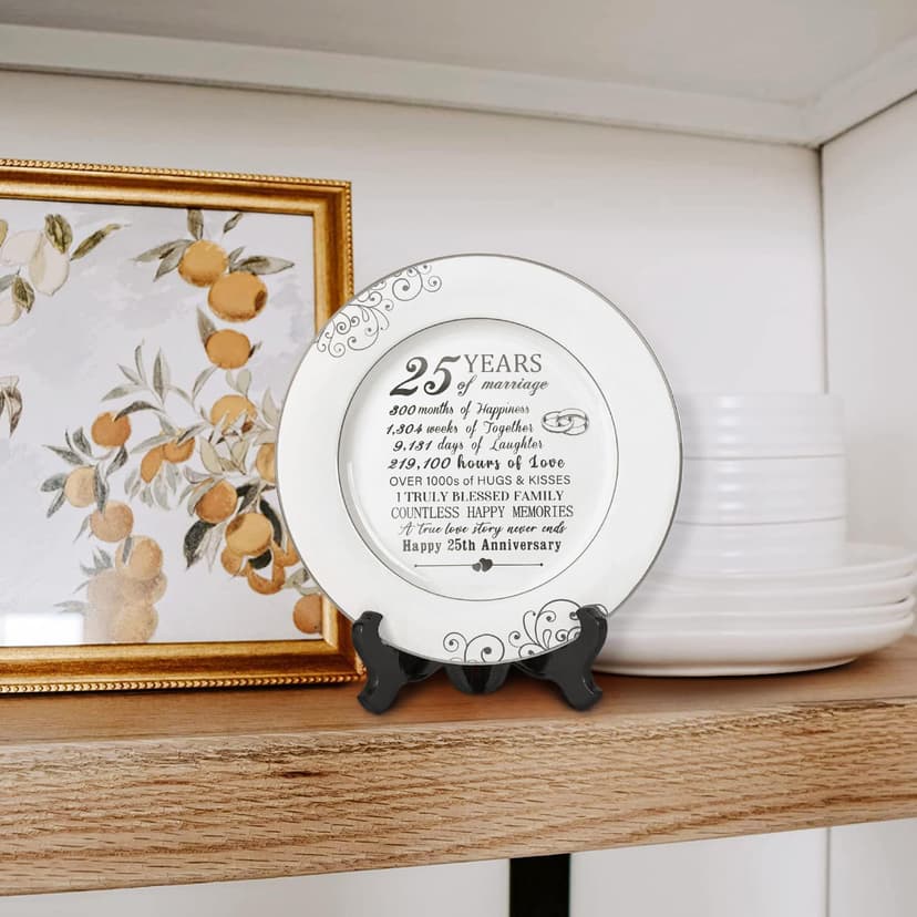 25th Anniversary Plate with Platinum Foil - Silver 25 Year Marriage Anniversary Wedding Gifts for Couple Her Him Husband Wife, 9"