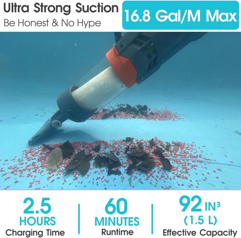 Cordless Heave Duty Pool Vacuum-True Powerful Suction 16.8 GPM, 60M Run-time, 25µm Ultra Fine Mesh Filter, Handheld Rechargeable Hot Tub Cleaner with Poles for Above Ground&Inground Pool