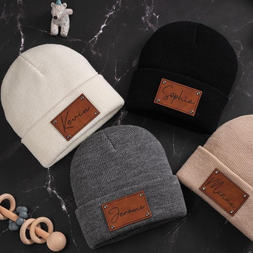 Custom Toddler Baby Beanies, Mama Mini Matching Hats, Leather Patch Baby Knit Hats, Winter Beanies for Infant, Kids Adults
