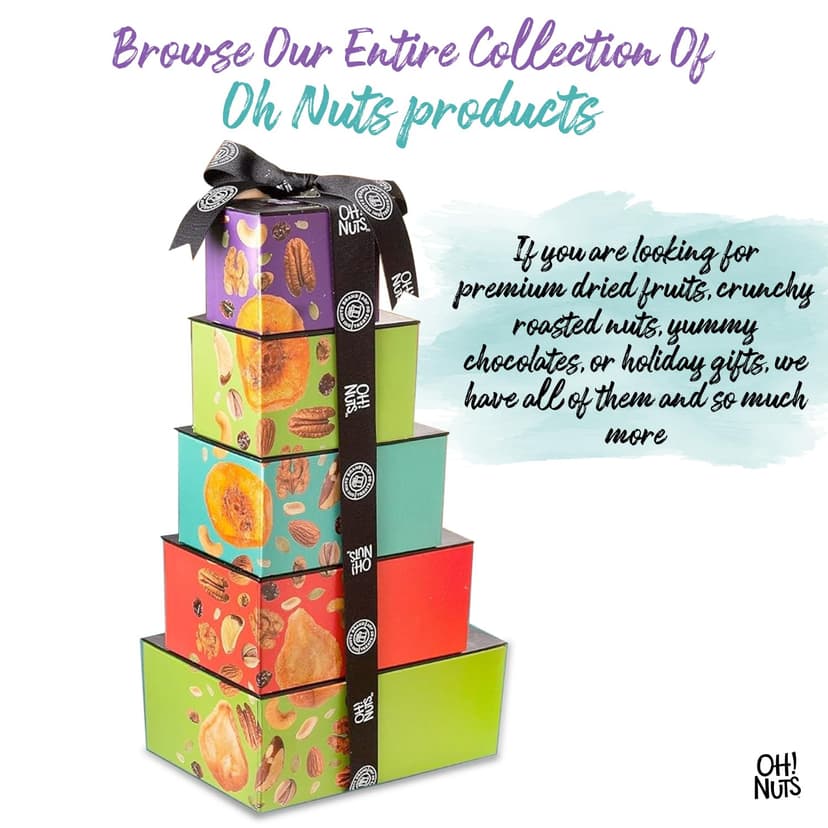 Oh! Nuts Dried Fruit and Nuts Gift Basket Tower with Black Ribbon Gift Basket, 5 Tier Gourmet Arrangement Platter, Healthy Kosher Snack Box for Birthday, Anniversary