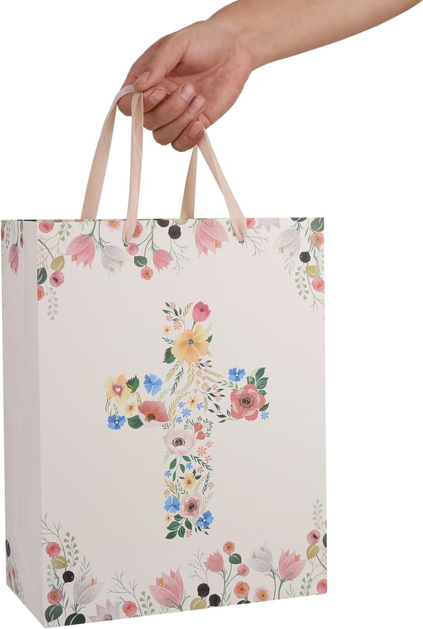 Qirrmiy 13" Large Light Yellow Floral Gift Bag Set with Greeting Card and Tissue Papers for First Communions, Baby Girl Baptisms, Christenings, Religious Occasions - 10.2'x5.2'x13', 1 Pcs.