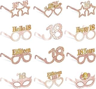 24PCS 18th Birthday Eyeglasses Decorations for Girls, Pink Rose Gold Happy 18th Birthday Paper Eyeglasses Party Supplies, Eighteen Year Old Bday Glasses Decor