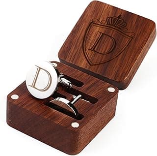 Mens Initial Silver Cufflinks A-Z Alphabet Letter Steel Cuff Links with Engraved Walnut Wood Box Groom Groomsman Wedding Set…